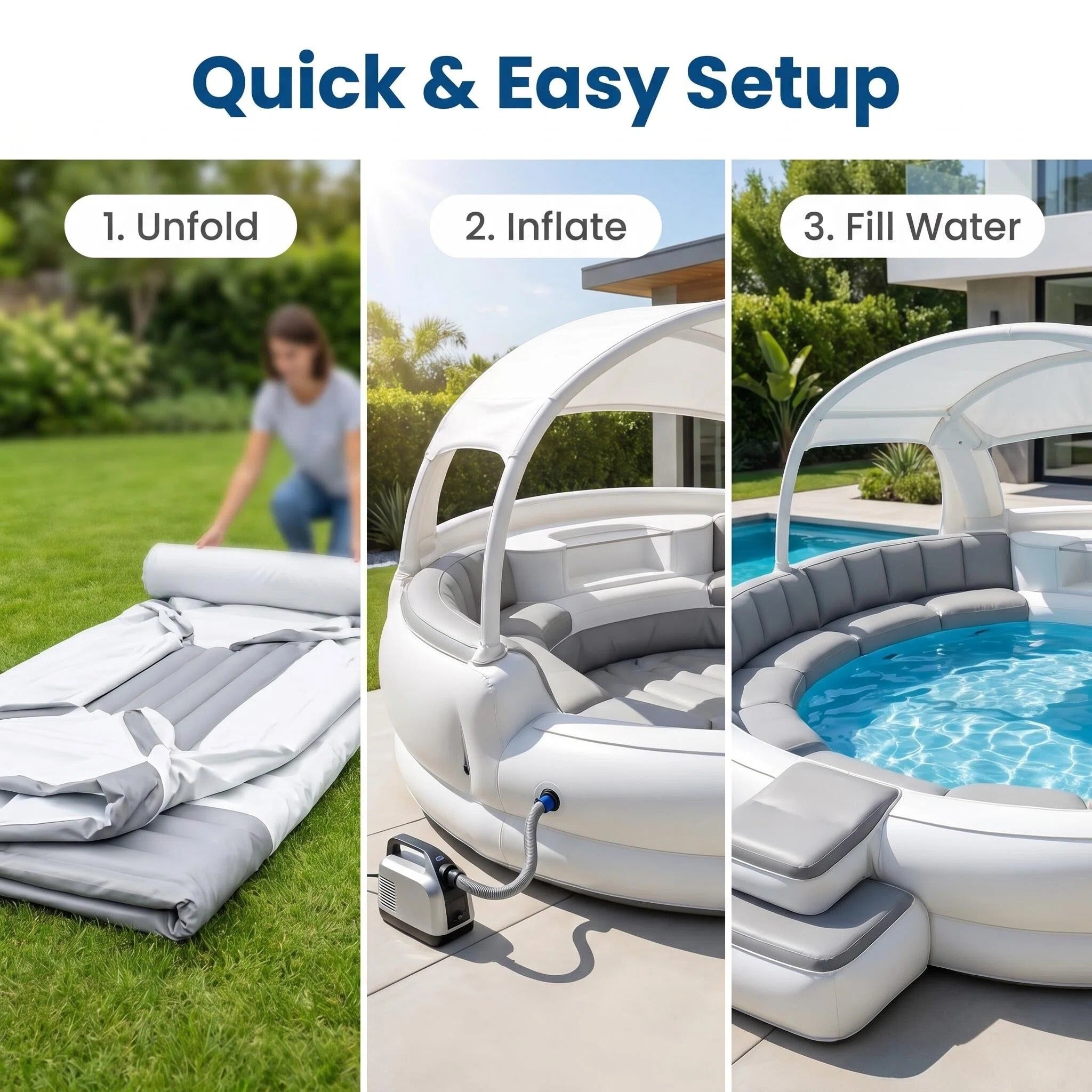Inflatable Luxury Pool with Canopy & Built-in Seating, 8-Person Outdoor Lounge Pool