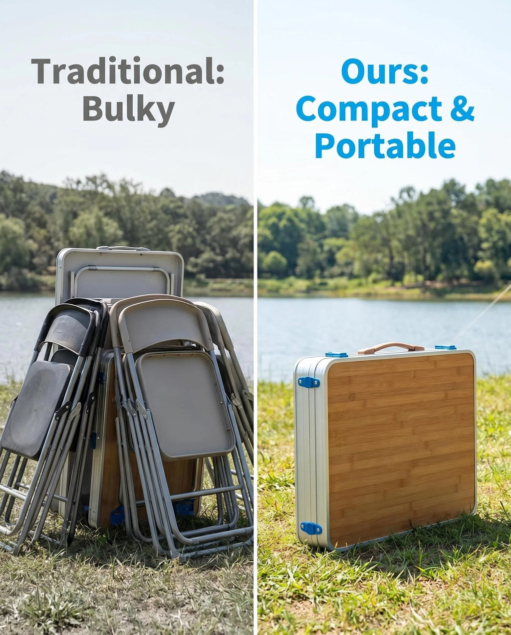 Folding Picnic Table with 4 Seats & Umbrella, Portable Aluminum Camping Table Set