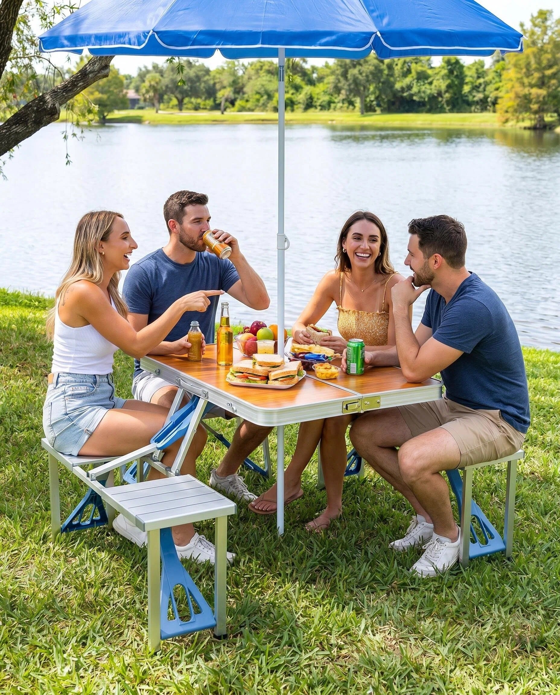 Folding Picnic Table with 4 Seats & Umbrella, Portable Aluminum Camping Table Set
