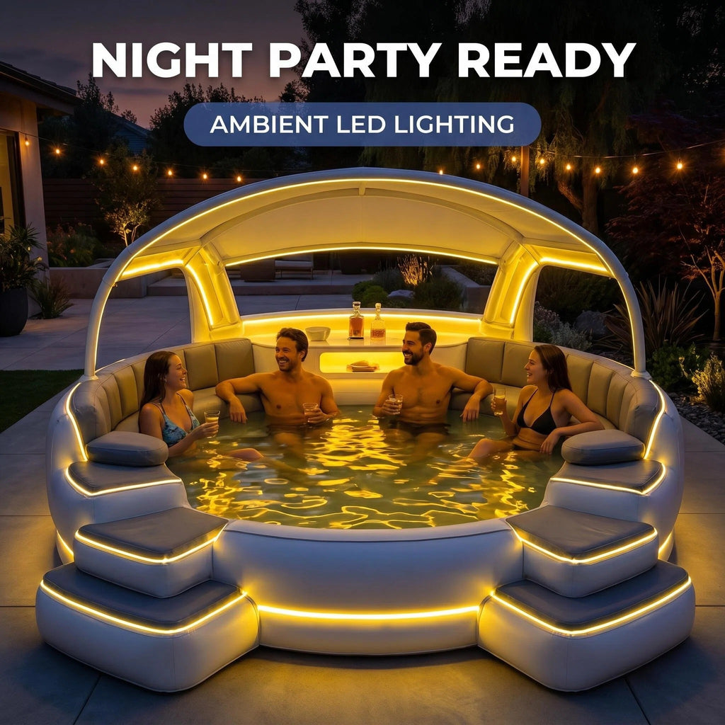 Inflatable Luxury Pool with Canopy & Built-in Seating, 8-Person Outdoor Lounge Pool