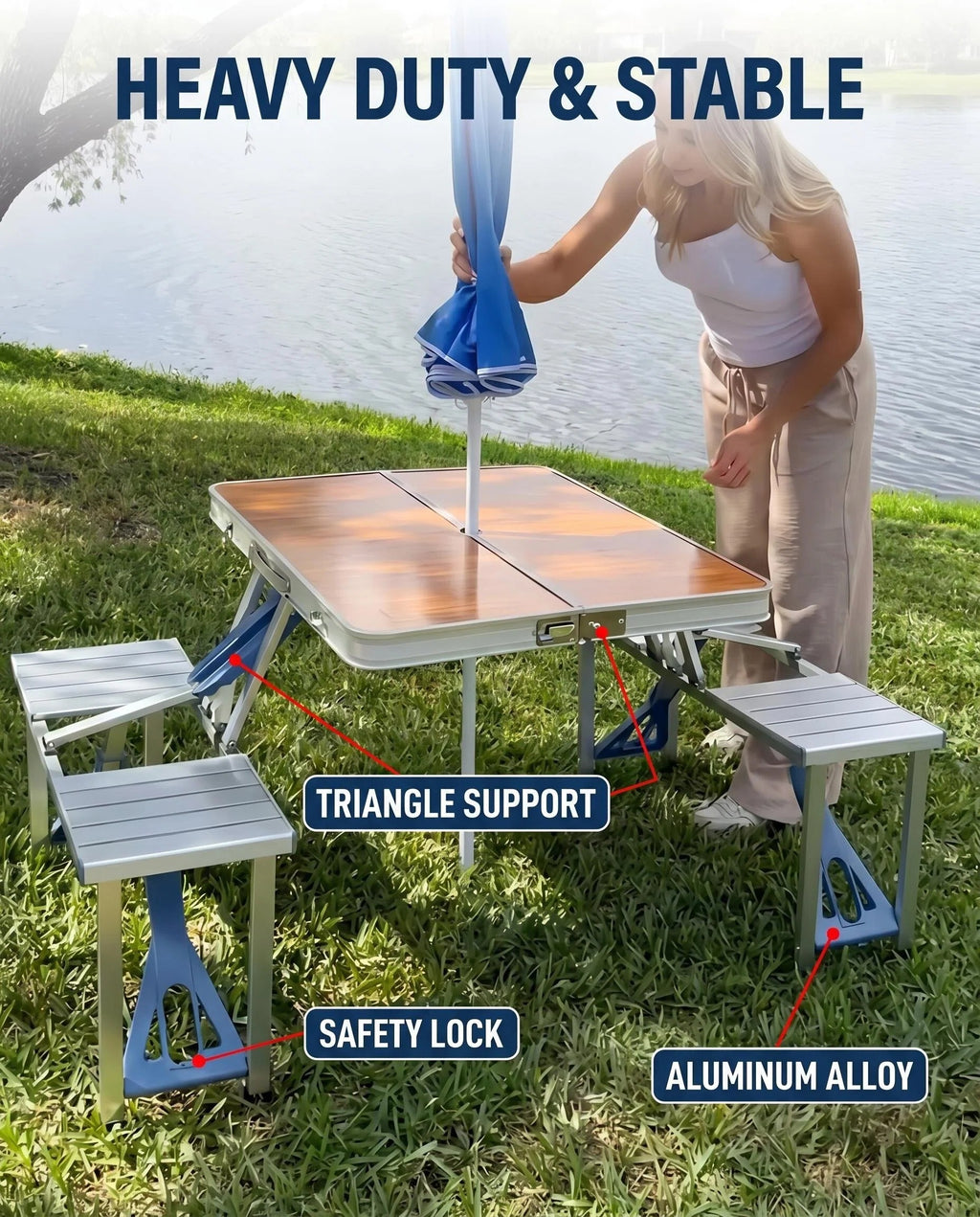 Folding Picnic Table with 4 Seats & Umbrella, Portable Aluminum Camping Table Set