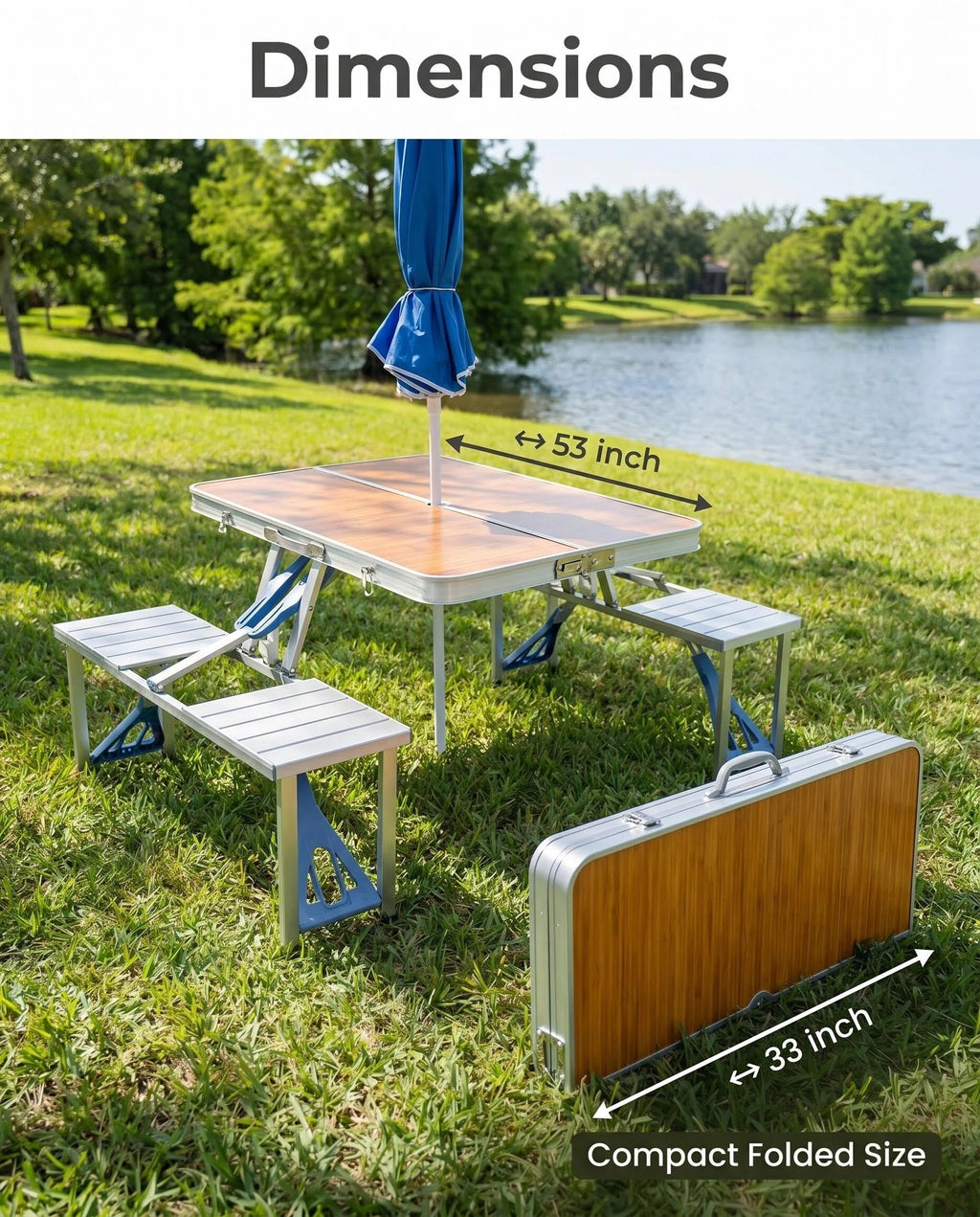 Folding Picnic Table with 4 Seats & Umbrella, Portable Aluminum Camping Table Set