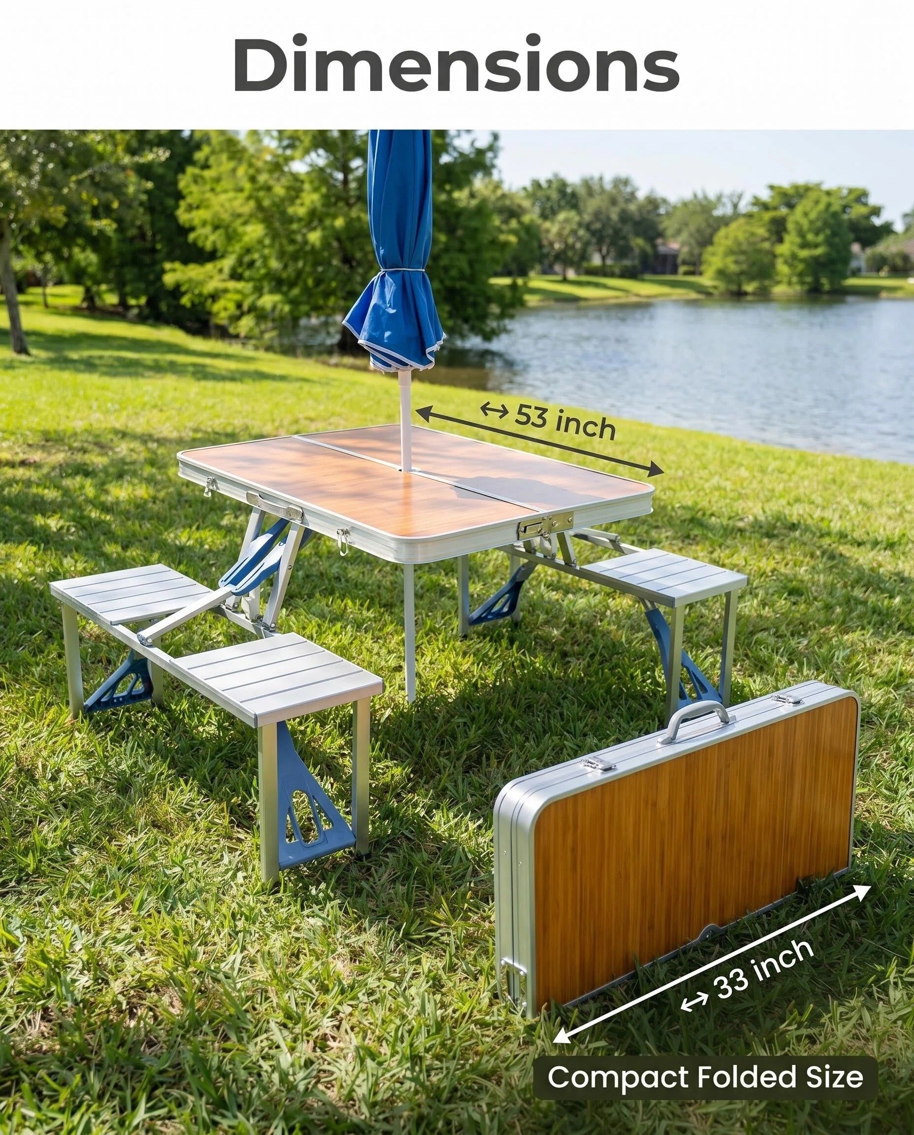 Folding Picnic Table with 4 Seats & Umbrella, Portable Aluminum Camping Table Set