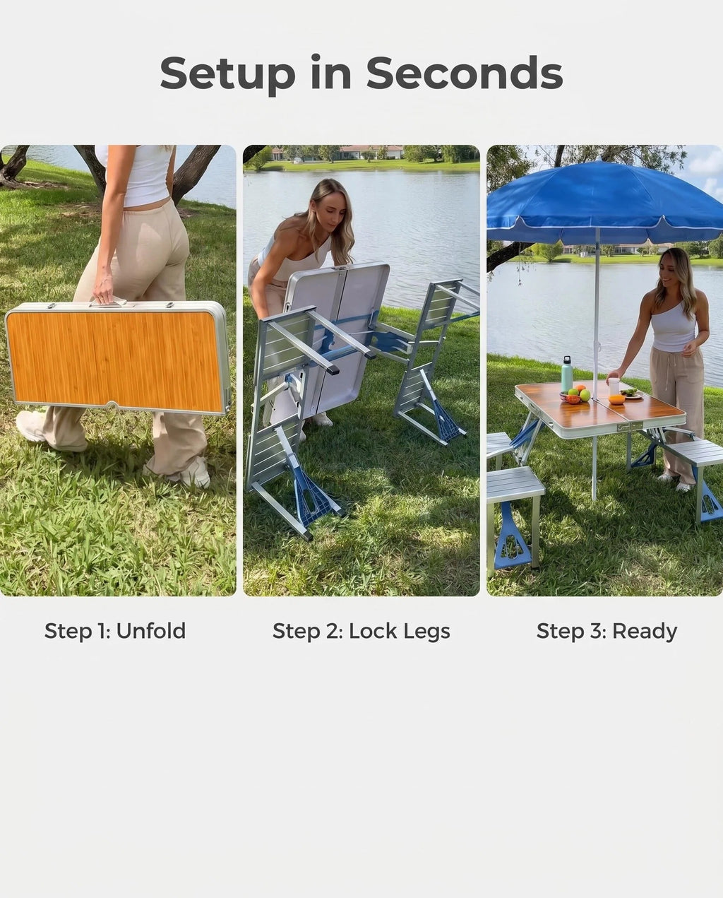 Folding Picnic Table with 4 Seats & Umbrella, Portable Aluminum Camping Table Set