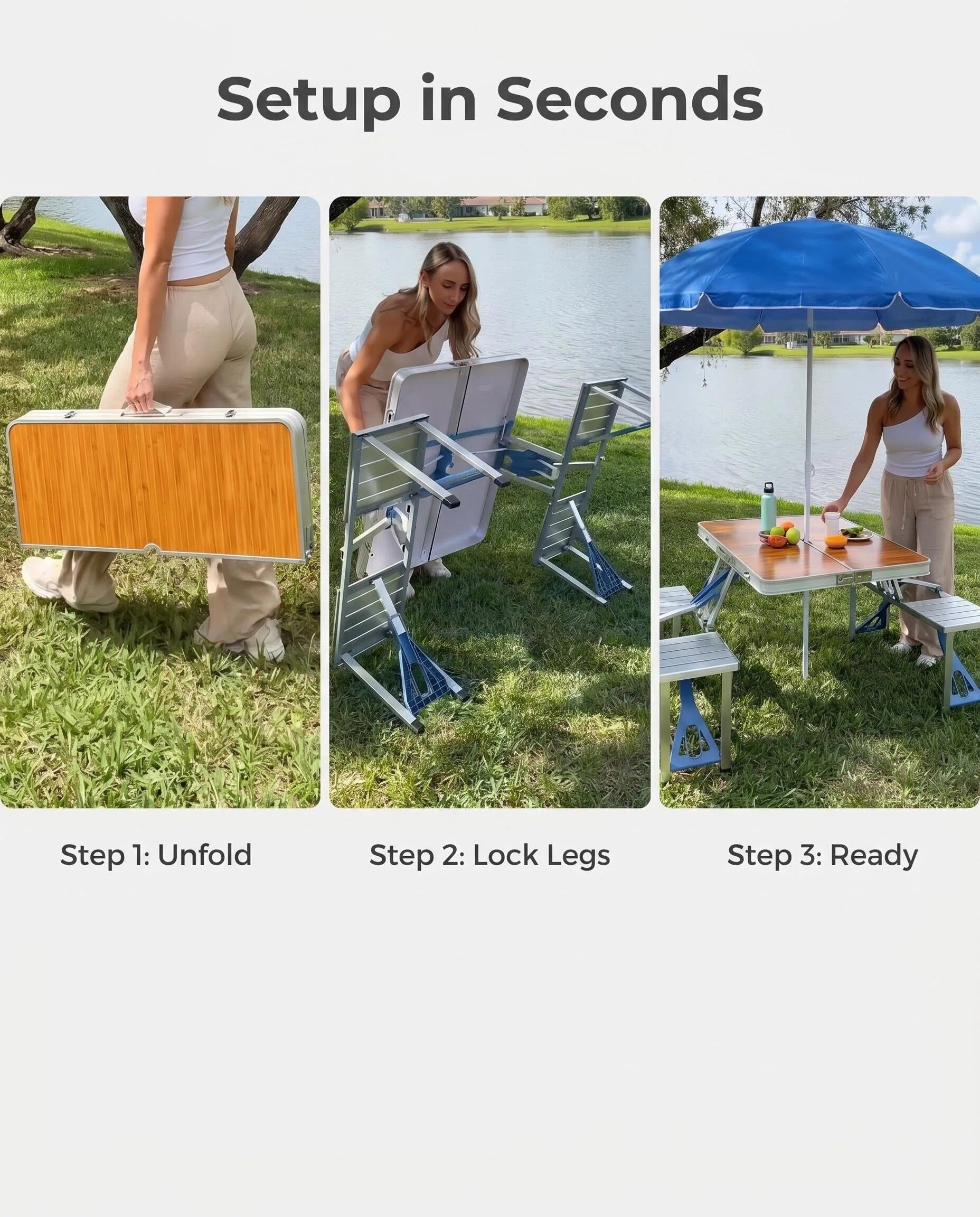 Folding Picnic Table with 4 Seats & Umbrella, Portable Aluminum Camping Table Set