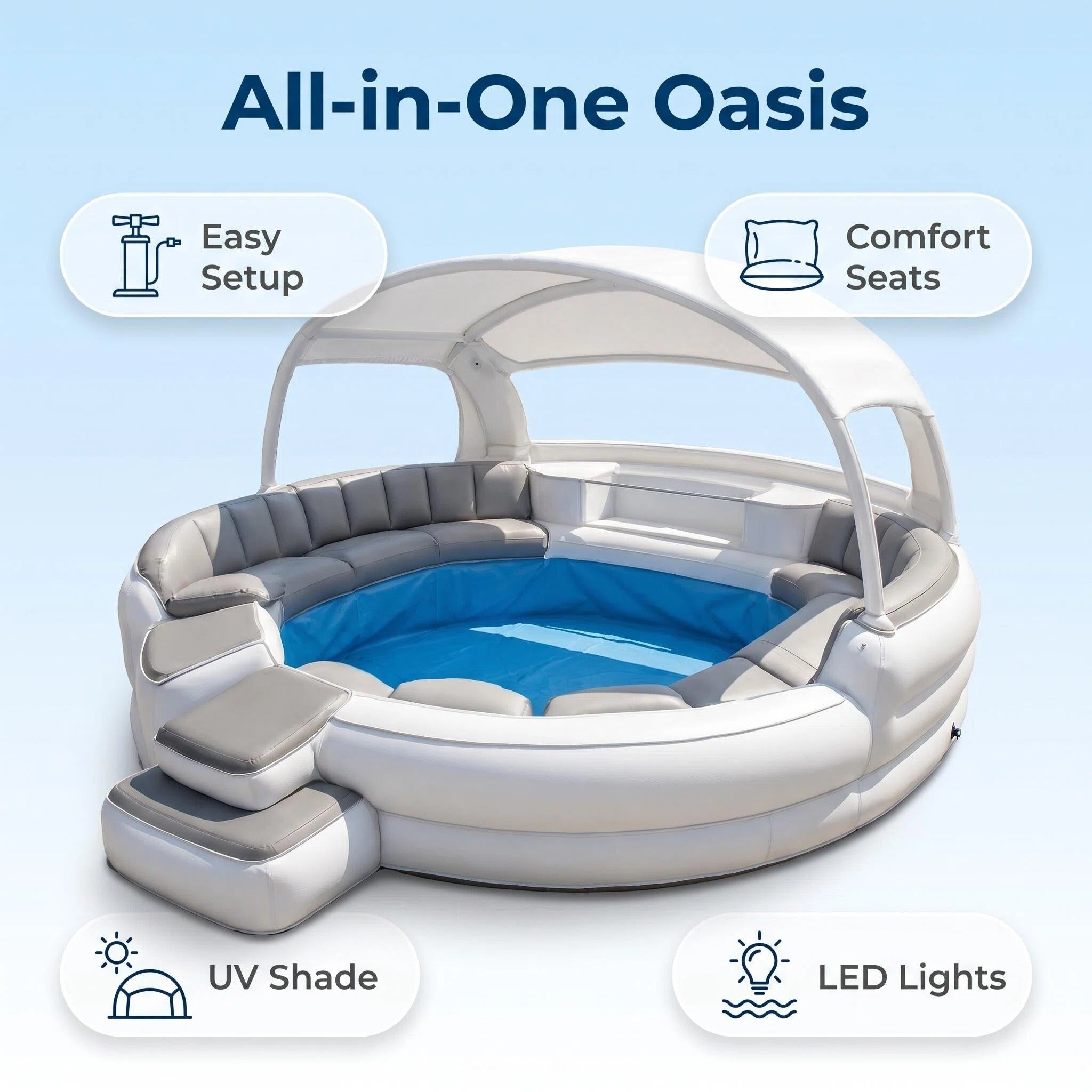 Inflatable Luxury Pool with Canopy & Built-in Seating, 8-Person Outdoor Lounge Pool