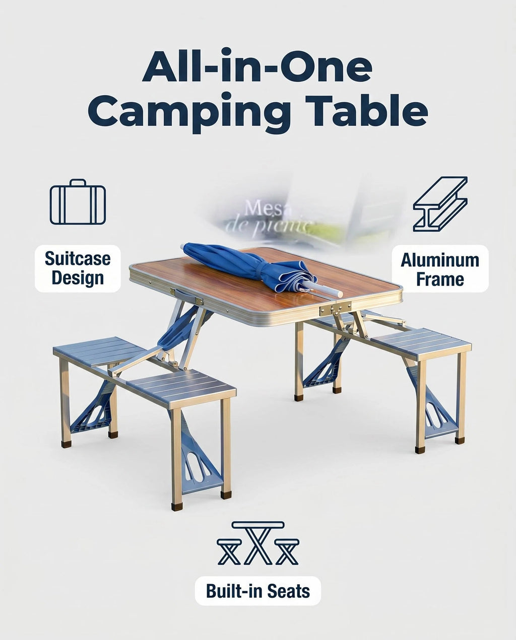 Folding Picnic Table with 4 Seats & Umbrella, Portable Aluminum Camping Table Set