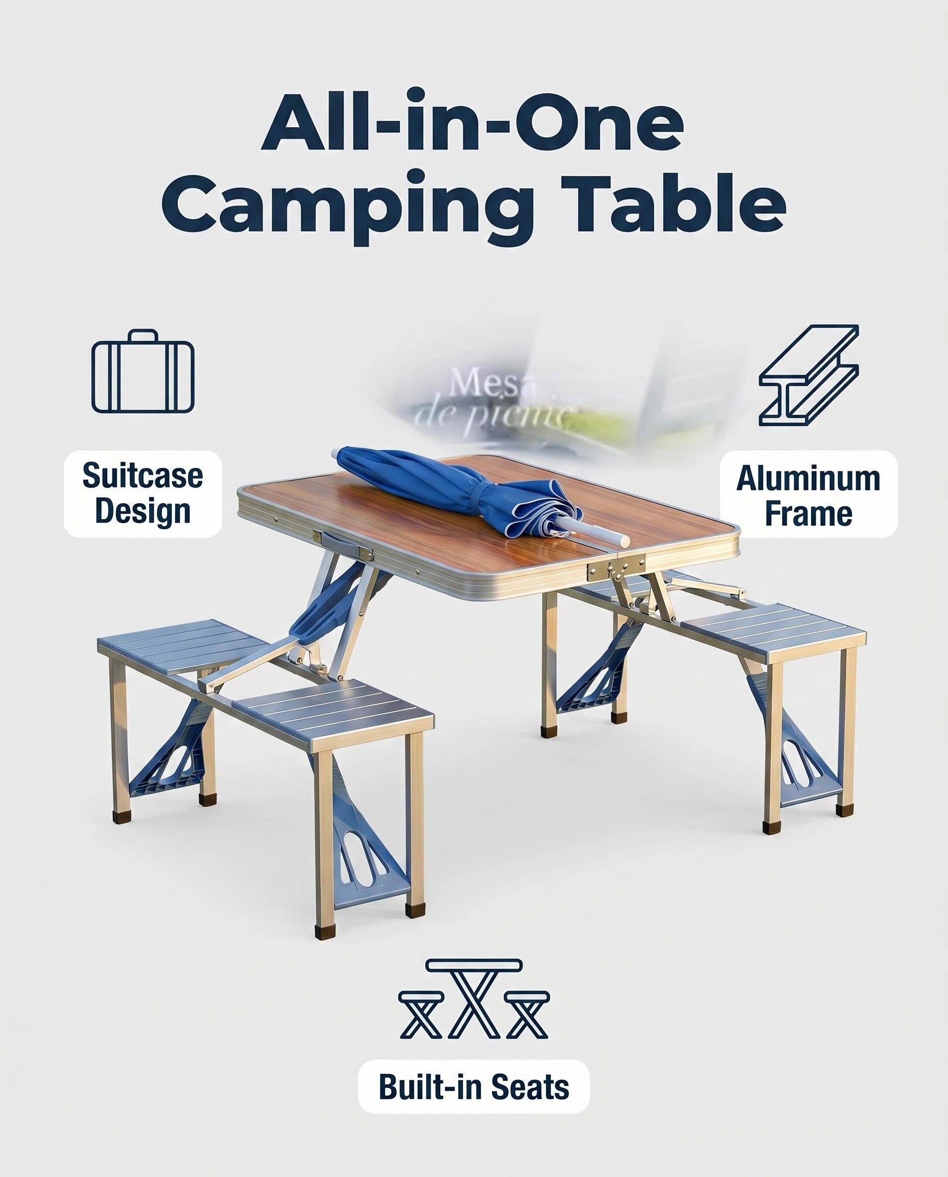 Folding Picnic Table with 4 Seats & Umbrella, Portable Aluminum Camping Table Set