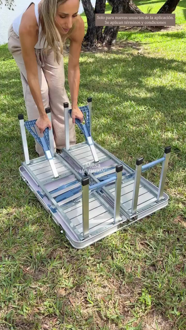 Folding Picnic Table with 4 Seats & Umbrella, Portable Aluminum Camping Table Set